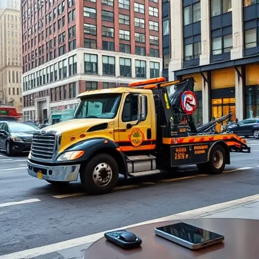 A tow truck parked on a busy city street, with a phone on a nearby table, a city building in the background, no text or digits
