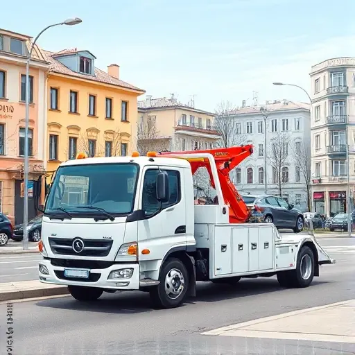 A compact, high-quality illustration of a modern tow truck parked on a city street in the North-West district of Moscow, with the truck's hook and platform ready to load a small car. The scene shows the tow truck in a realistic urban setting with typical Russian architecture in the background, under a clear sky. The focus is on the vehicle and its equipment, emphasizing reliability and affordability, without any text or signage.