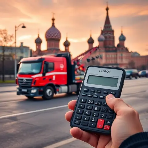 A tow truck parked near a recognizable Moscow landmark, with a handheld calculator in the foreground and a person holding the calculator, all depicted without any text, letters, or numbers visible