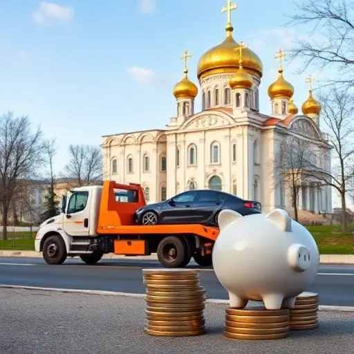 A tow truck pulling a car in front of the Cathedral of Christ the Savior in Yoshkar-Ola, with a stack of coins or a piggy bank in the foreground to symbolize savings, all in a realistic style, no text or lettering
