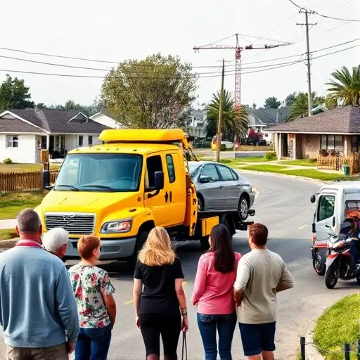 A dynamic roadside scene featuring a bright yellow tow truck pulling a stalled sedan on a quiet suburban street. In the foreground, a diverse group of people—an elderly driver, a young family with a stroller, a delivery van driver, and a motorcycle rider—watch the tow truck in action. The background shows a modest residential area with a few houses and a small construction site with a crane. The atmosphere is calm and helpful, emphasizing the community aspect of towing services.