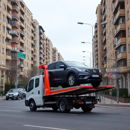 A realistic scene of a Moscow street in the South-Eastern Administrative Okrug, showing a compact tow truck with a partially loaded car on its platform. The background includes typical Moscow apartment buildings, street signs without visible text, and a calm urban atmosphere. The focus is on the tow truck and the partially loaded vehicle, conveying an affordable, nearby service.