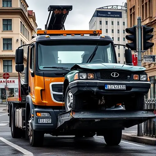A realistic depiction of a tow truck partially loading a damaged car on Bogucharskaya Street, showing the truck's front cab, a partially lifted vehicle, and the surrounding urban environment with nearby buildings, street signs, and traffic lights. The scene should capture the dynamic motion of the loading process, with the tow truck's hydraulic arm in action, and the city street in the background.