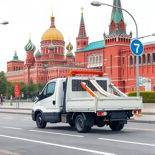 A realistic illustration of an economy-class tow truck driving along a Moscow street, with recognizable Moscow architecture such as the Kremlin dome and red brick buildings in the background, the truck showing a simple, clean design without logos, and a subtle visual cue of distance like a road marker indicating a kilometer, all rendered in a compact high-quality style