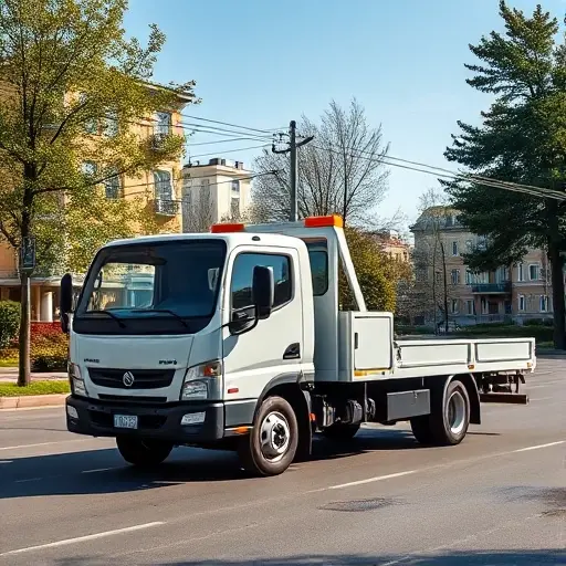 A modern tow truck with a full loading platform, positioned on a Moscow suburban street with typical Russian buildings and trees in the background, realistic lighting and shadows, clear sky, no text or logos on the vehicle or surroundings