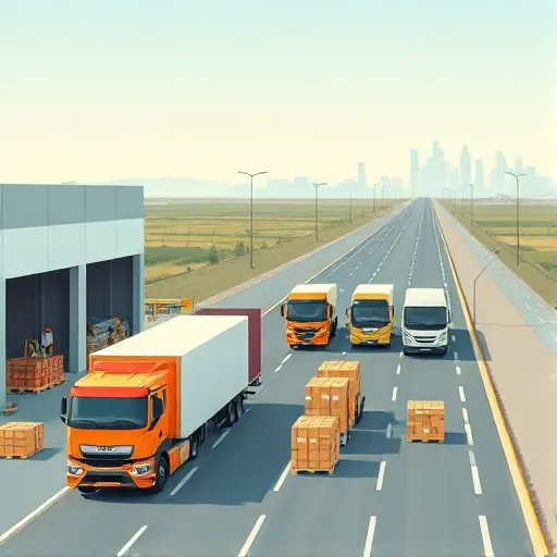 A detailed scene showing a fleet of logistics trucks evacuating cargo from a warehouse, drivers loading pallets onto a trailer, a clear highway stretching into the distance, a subtle map outline in the background, and a distant city skyline, all rendered in a clean, high-quality style without any visible text, logos, or symbols.