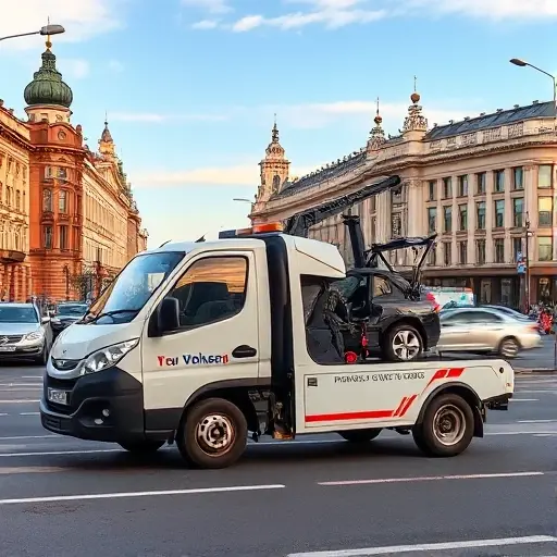 A compact tow truck parked on a street in Volgograd, partially loading a damaged car onto its platform. The scene shows the city’s distinctive architecture in the background, with a clear sky and subtle traffic. The tow truck should be in a realistic style, with visible branding on the side but no text or logos, and the vehicle being towed should be partially visible, indicating a partial load. The overall composition should convey affordability and efficiency, with a focus on the tow truck’s functionality and the urban setting.