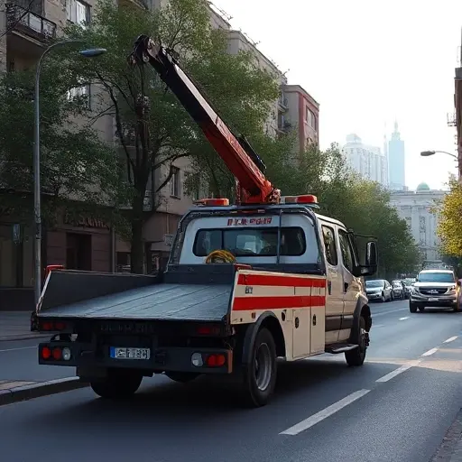 A realistic tow truck with a crane and hook parked on a city street in the South-West district of Moscow, with recognizable Russian apartment buildings, tree-lined sidewalks, and a subtle hint of the Moscow skyline in the background. The scene is bright daylight, showing the tow truck's details and the urban environment without any text or signage.