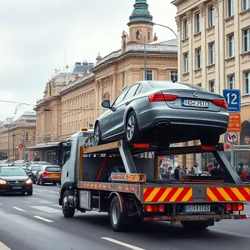 A busy Moscow street scene showing a tow truck lifting a car onto its platform, with typical Moscow buildings and traffic signs in the background, realistic lighting and a slightly overcast sky, no visible text or logos