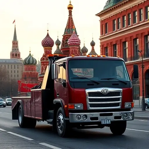 A realistic scene of a tow truck parked on a street in the Moscow region, with recognizable Moscow architecture such as a red brick building and a distant skyline featuring the iconic Saint Basil's Cathedral spires. The tow truck is the focal point, illuminated by soft daylight, with subtle reflections on its metallic surface. No text, logos, or signage are present.