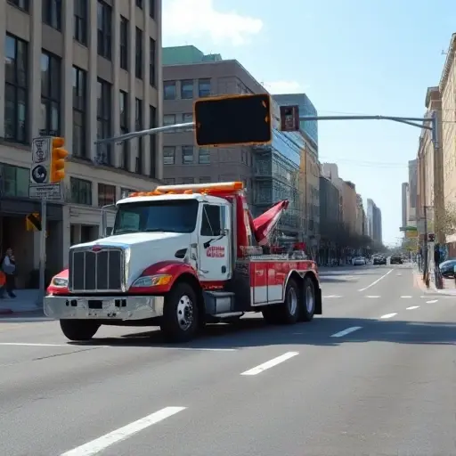 A tow truck parked on a city street with a traffic sign indicating a passage, clear view of the road and surrounding buildings, no text or digits visible, realistic style