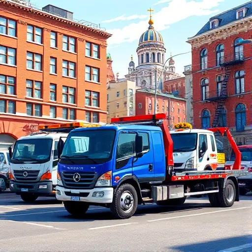 A realistic illustration of several Moscow tow trucks (evakuators) parked on a city street, showcasing different types such as a flatbed tow truck, a wheel-lift truck, and a heavy-duty recovery vehicle. The background features recognizable Moscow architecture with red brick buildings, a hint of the Kremlin dome in the distance, and typical urban streetscape. The scene is vibrant, with clear sky and subtle reflections on the trucks' polished surfaces, emphasizing the variety and functionality of the vehicles without any text or signage.