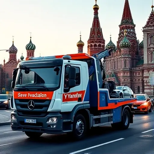 Яндекс Эвакуатор Москва: Полное Руководство по Услугам и Ценам A modern tow truck with Yandex-like color scheme parked on a Moscow street, with recognizable Russian architecture such as the Kremlin domes and St. Basil's Cathedral in the background, under a clear sky. The scene shows the truck's hook and platform ready for a vehicle, with subtle city traffic and streetlights, emphasizing a professional evacuation service without any text or signage.
