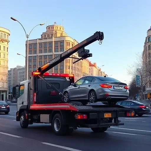 A realistic scene of a modern tow truck (evacuator) operating on a busy street in the Levoberezhny district of Moscow, with typical Russian city buildings, streetlights, and a parked car being lifted onto the truck's platform under a clear sky, no people, no text or signage