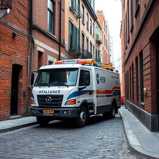 A realistic tow truck (evacuator) parked on a narrow urban alley named 1st Kadashevsky Lane, with cobblestone pavement, old brick buildings on both sides, and a subtle hint of a cityscape in the background. The scene should convey a helpful, professional atmosphere, focusing on the vehicle and the alley environment, without any text or signage.