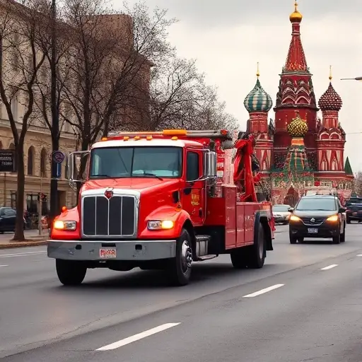 A realistic scene of a tow truck operating on a Moscow street, with recognizable Moscow landmarks such as the Kremlin or St. Basil's Cathedral in the background, showing the truck on a road with traffic, emphasizing the concept of distance and cost without any textual elements, focusing on the vehicle, road, and city atmosphere.