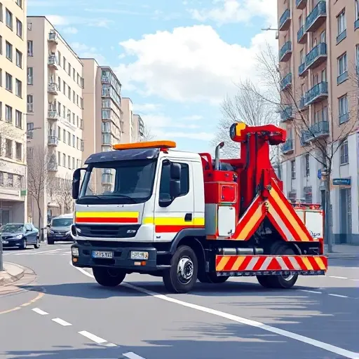 A realistic illustration of a tow truck (evacuator) operating on a city street in Lyubertsy, Moscow region, with urban buildings and a clear sky, showing the vehicle's hook and platform, without any text or logos