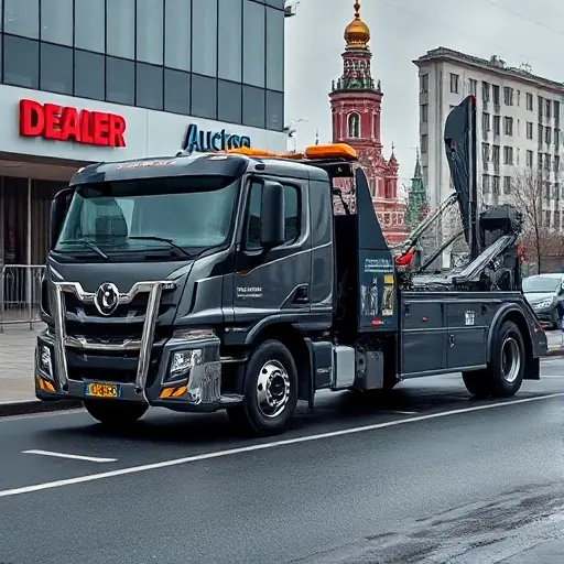 A realistic scene of a sleek tow truck parked on a Moscow street, with subtle dealer logos and an auction backdrop, no text or lettering, detailed and high-resolution