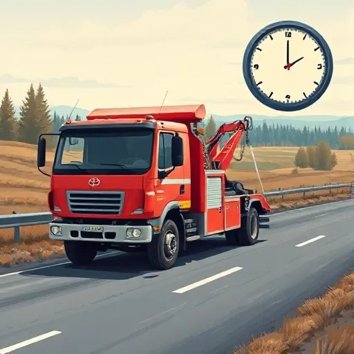 A realistic illustration of a tow truck parked on a road in Tobolsk, Russia, with a clear view of a nearby analog clock showing the time, and a subtle background indicating the service area through landscape features, no text or digits