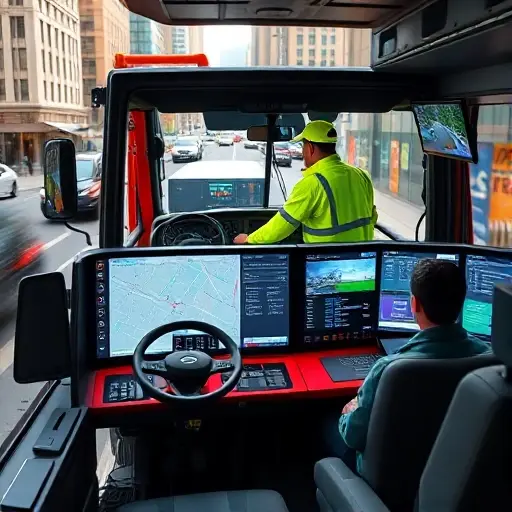 A modern towing truck in a busy city street, its driver in a bright uniform operating a sophisticated control panel inside the cab, a large digital map on the dashboard showing traffic routes, and a control room with a manager monitoring multiple screens, all depicted in a realistic, high-resolution style