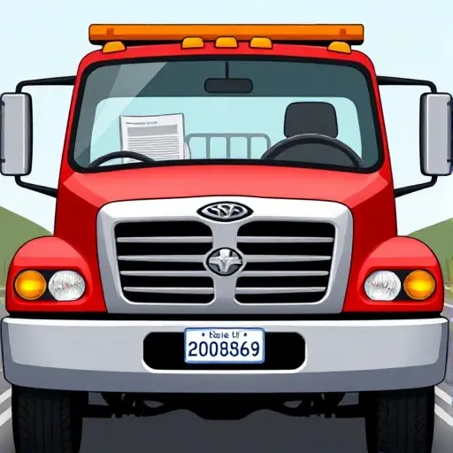 A realistic depiction of a modern tow truck parked on a city street, with a visible license plate and a stack of official documents on the truck's side. A professional driver in uniform holds a license badge, all presented in a clear, detailed style. The scene should emphasize the presence of proper licensing and documentation without any textual elements in the image.