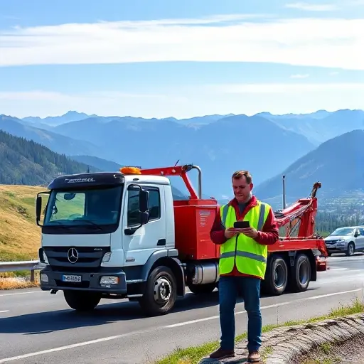 A tow truck parked on a scenic Ural mountain road, a person in a reflective vest holding a calculator and looking at a bill, with a clear sky and distant mountains in the background, no text or symbols