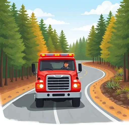 A realistic illustration of a tow truck (evacuator) positioned on a winding road surrounded by trees, with a clear sky, showing the vehicle's lights and a driver holding a phone, emphasizing the process of calling a tow service, without any text or signage.