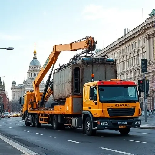 A city street in Moscow featuring a large yellow manipulator tow truck (evakuator) lifting a massive piece of special equipment or oversized cargo, such as a construction machine or huge container, with the Kremlin dome visible in the distant skyline. The hydraulic arm is extended to secure the load, and the urban setting includes traffic lights and typical Moscow buildings under a clear sky. The focus is on the tow truck and the cargo, highlighting scale and engineering, without any text, logos, or people.