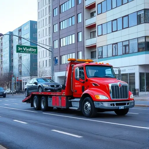 Эвакуатор на 3-й Владимирской улице: Полное руководство A realistic depiction of a tow truck parked on 3rd Vladimir Street, with a car being towed, city street background, modern urban architecture, clear sky, no text or signage visible