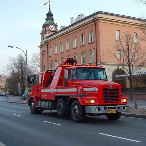 A realistic scene of a tow truck parked on a street in Rostokino, Moscow, with a visible clock on a nearby building showing the time and a calendar on a wall indicating the day of the week, all depicted without any text or lettering.