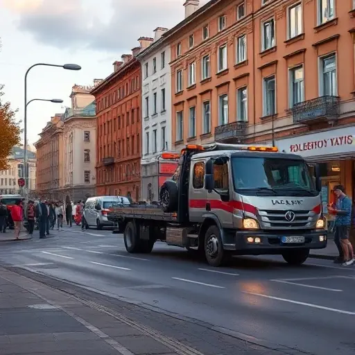 A realistic depiction of a modern tow truck parked on Bolshoy Vatin Street, with the street lined by typical Russian city buildings, a small crowd of bystanders watching, and a car being towed by the truck. The scene should capture the urban atmosphere, with streetlights, traffic signs, and a clear sky.