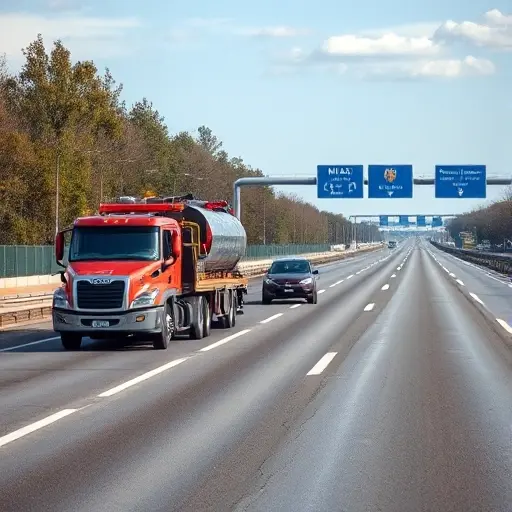 A tow truck pulling a stranded car on a busy highway near Moscow, with the MKAD ring road and Pyatnitskoe highway visible in the background, showing road markings, trees, and a clear sky, focusing on the action of vehicle evacuation without any text or signage