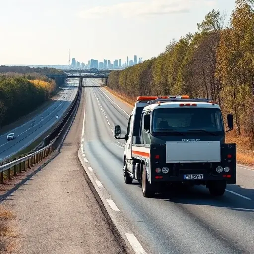 A realistic scene of a modern tow truck on the Rublyovo-Uspensky highway near Moscow, with the highway stretching into the distance, surrounding trees and a hint of the Moscow skyline in the background, under a clear sky. The tow truck is positioned beside a stopped vehicle, showing the service in action without any text, logos, or signage.