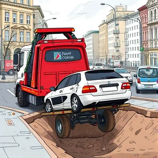 A realistic illustration of a tow truck in Moscow city streets, with a damaged car stuck in a ditch and blocked wheels, showing the tow truck's hydraulic winch and loading platform ready to lift the vehicle. The background features urban Moscow architecture and traffic, conveying the difficulty of loading due to the ditch and blocked wheels.