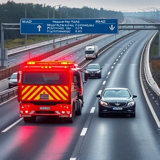 A realistic scene showing a tow truck evacuating a damaged car on a busy highway, with the Moscow Ring Road (MKAD) and the Pyatnitskoe highway visible in the background. Include road markings, traffic cones, and emergency lights on the tow truck, but no visible text, letters, or numbers on signs or vehicles. The atmosphere should convey a serious traffic incident with clear visibility of the road environment.