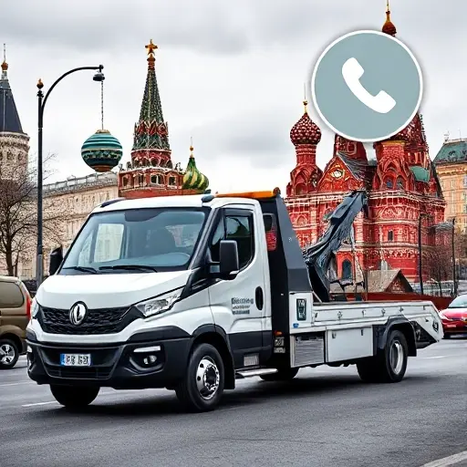 A modern tow truck parked on a Moscow street near recognizable architecture such as the Kremlin silhouette, with a subtle visual cue of a phone call like a floating speech bubble or ringing icon, emphasizing the concept of a callback service, without any text or logos, in a realistic yet compact high-quality style
