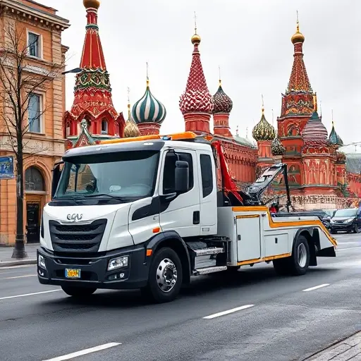 эвакуатор москва юао A modern towing truck parked on a Moscow street, with iconic landmarks such as St. Basil's Cathedral or the Red Square in the background, depicted in a realistic style