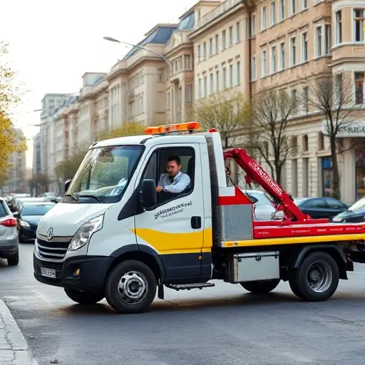 Вызвать эвакуатор в Москве недорого в СВАО: Полное руководство A realistic daytime scene of a tow truck parked on a busy Moscow street in the South-Eastern Administrative Okrug, with recognizable city architecture in the background, the driver holding a phone to suggest calling a service, conveying an affordable and reliable towing service atmosphere, bright lighting, no text or signage