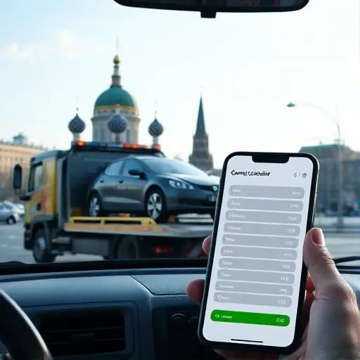 A realistic scene of a tow truck in Moscow pulling a small car onto a flatbed, with recognizable Moscow city elements such as the Kremlin dome silhouette and typical street signs in the background, a smartphone on the dashboard showing a generic calculator interface without any visible text, under a clear sky, emphasizing the concept of vehicle evacuation services and online tow calculator tools.