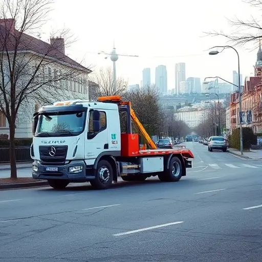 A tow truck parked on a residential street in Rostokino, Moscow, with a measuring tape or distance indicator visible on the truck, set against a subtle cityscape background that hints at the Moscow skyline, all rendered in a clean, high‑quality style without any text or numbers.