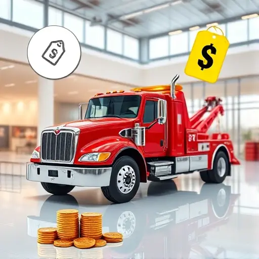 эвакуатор купить цена A realistic tow truck displayed in a modern showroom, highlighted with a glossy finish and bright lighting. Around the truck, there are visual cues of cost such as a floating price tag icon, a stack of coins, and a subtle aura of value, all without any readable text or numbers. The scene conveys the idea of purchasing a tow truck and its price, focusing on the vehicle and symbolic representations of cost.