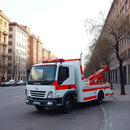 Эвакуатор на 3-й Щукинском проезде: Полное руководство A realistic tow truck (evacuator) parked on a quiet urban street named 3rd Shchukinskaya Proezd, with surrounding city buildings, trees, and a paved road, under a clear sky. The scene should focus on the vehicle and the street environment, without any visible text, signs, or numbers.