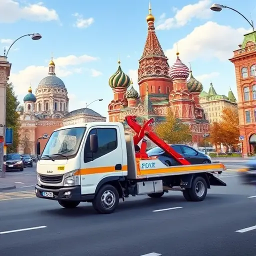 A realistic illustration of a compact tow truck operating in the bustling center of Moscow, with recognizable city landmarks such as the Kremlin dome and historic buildings in the background, showing the truck safely towing a small car on a city street under a clear sky, emphasizing affordability and reliability, without any text or signage.