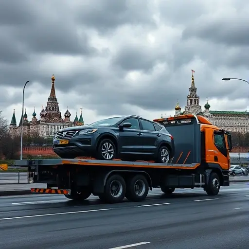 A realistic scene of a large flatbed tow truck on a Moscow street, the platform fully loaded with a car, with the city skyline in the background showing recognizable Moscow architecture such as the Kremlin silhouette, under a cloudy sky, captured in a detailed yet compact composition