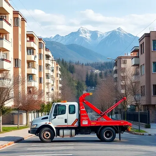 A realistic depiction of a tow truck parked on a residential street in Skolkovo Mountain, surrounded by modest apartment buildings, trees, and a distant mountain backdrop, all rendered in a small high-quality style.
