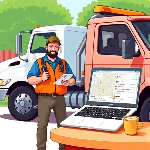 A tow truck owner in a casual setting, standing beside a parked tow truck, holding a smartphone and a notepad, looking at a laptop screen displaying a map and contact list, with a coffee cup nearby, all in a bright, realistic style, no text or lettering visible.