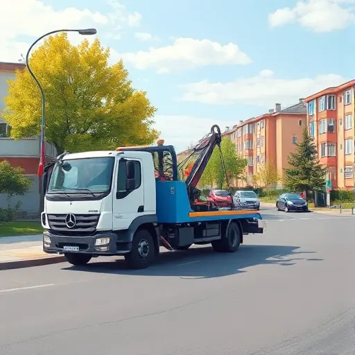 A realistic illustration of a modern tow truck parked on a quiet street in the Kuntsevo district of Moscow, with typical Russian residential buildings and trees in the background under a clear sky. The scene shows the tow truck's hook and platform, but no visible text, signs, or logos.