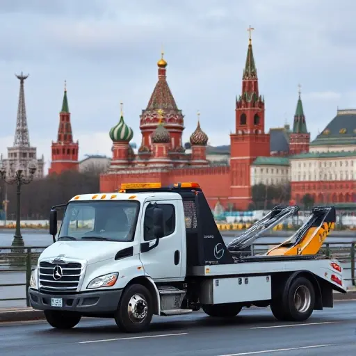 A tow truck parked near the Kremlin in Moscow, with the city skyline in the background, a small price tag icon on the truck indicating low cost, no text or letters, no digits