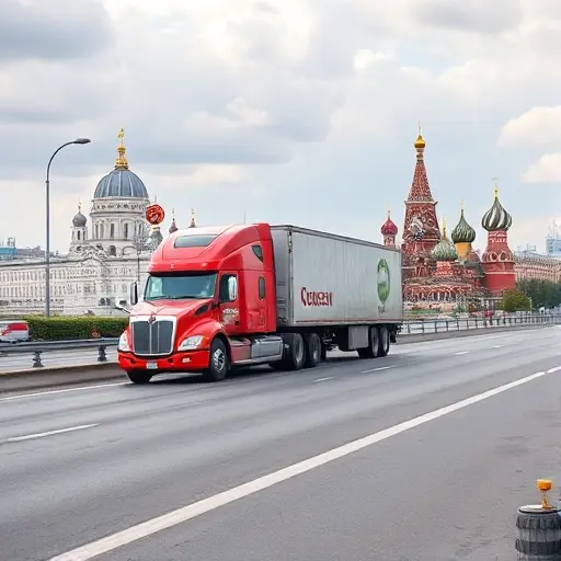 A tow truck traveling along a highway between St. Petersburg and Moscow, with iconic landmarks of both cities in the background, no text or lettering