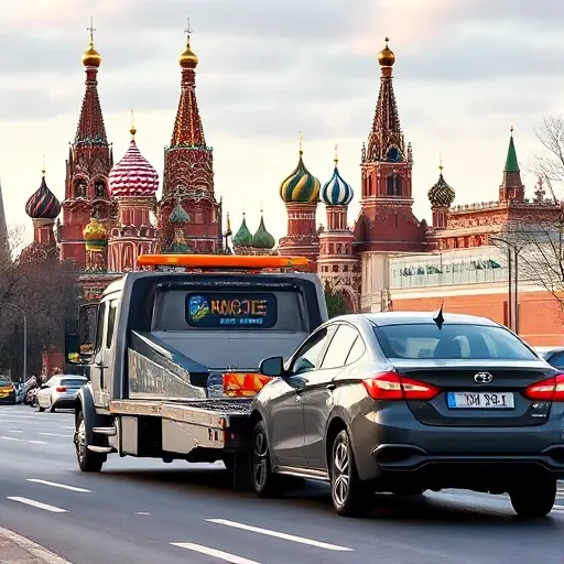 A tow truck pulling a car on a Moscow street, with the iconic Moscow skyline—including St. Basil's Cathedral and the Kremlin—in the background, illustrating the urban setting of paid towing services